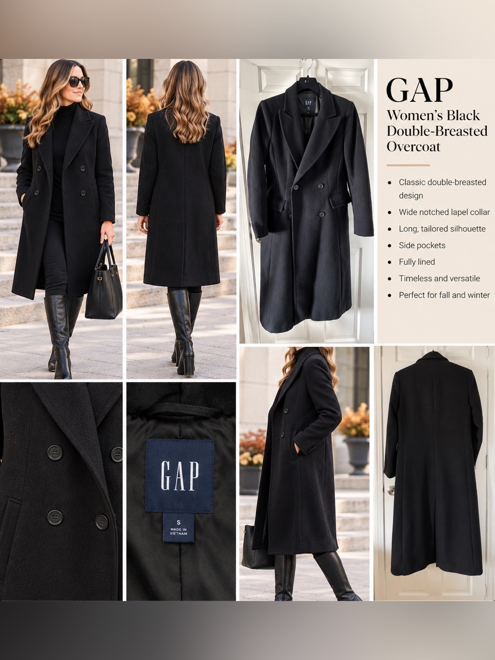 GAP Women Classic Double Breasted Black Overcoat